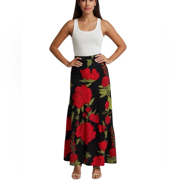 Farm Rio Floral Maxi Slip Skirt Asymmetrical Ruffle Red Black Small S - Picture 3 of 11